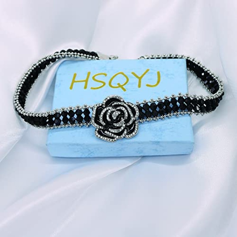 HSQYJ 패션 블랙 에나멜 장미 꽃 라인 석 초커 Neckalce 반짝 이는 크리스탈 비드 체인 Chunky 의상 웨딩 신부 보석 여자 실버 도금