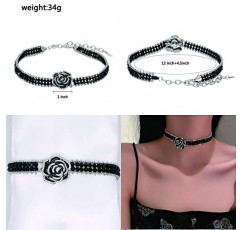 HSQYJ 패션 블랙 에나멜 장미 꽃 라인 석 초커 Neckalce 반짝 이는 크리스탈 비드 체인 Chunky 의상 웨딩 신부 보석 여자 실버 도금