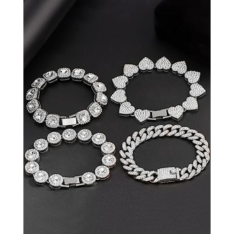 Shopbyskyler 4PCS 여자를위한 골드 팔찌 여자를위한 실버 클러스터 테니스 팔찌 하트 라운드 다이아몬드 쿠바 팔찌 계층화 된 링크 팔찌 세트 여자를위한 패션 쥬얼리 여자 선물 세트