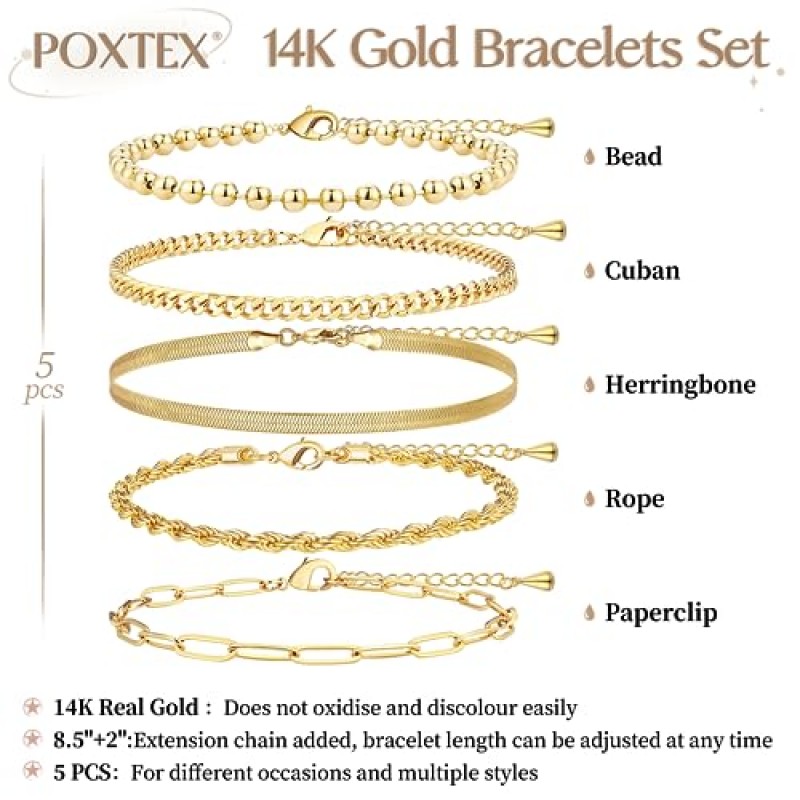 여성용 Poxtex 골드 팔찌, 14K 리얼 골드 우아한 7