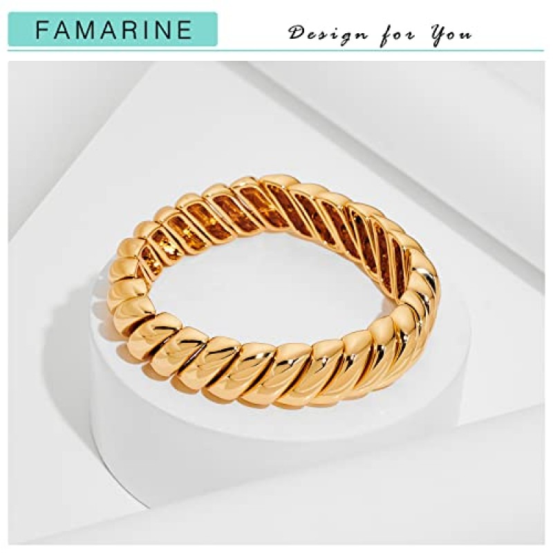 FAMARINE 트위스트 씬 또는 청키 뱅글 팔찌, 14K 골드 도금, 신축성 있는 신축성 팔찌 커플 러브 팔찌