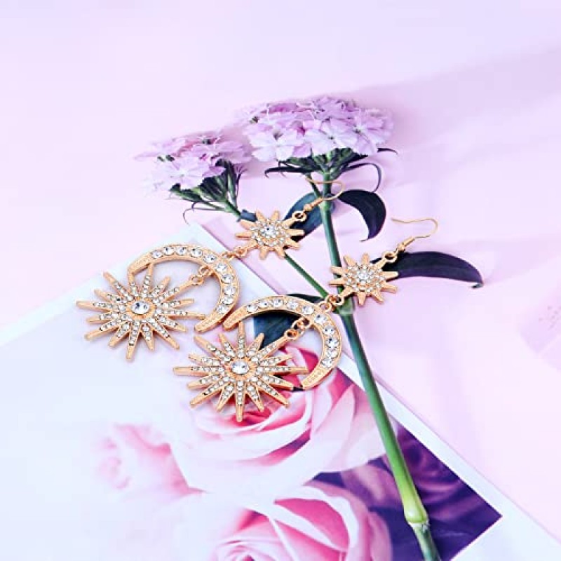 과장된 럭셔리 썬 문 별 드롭 귀걸이 여성을위한 라인 석 펑크 귀걸이 보석 황금 Boho 빈티지 귀걸이