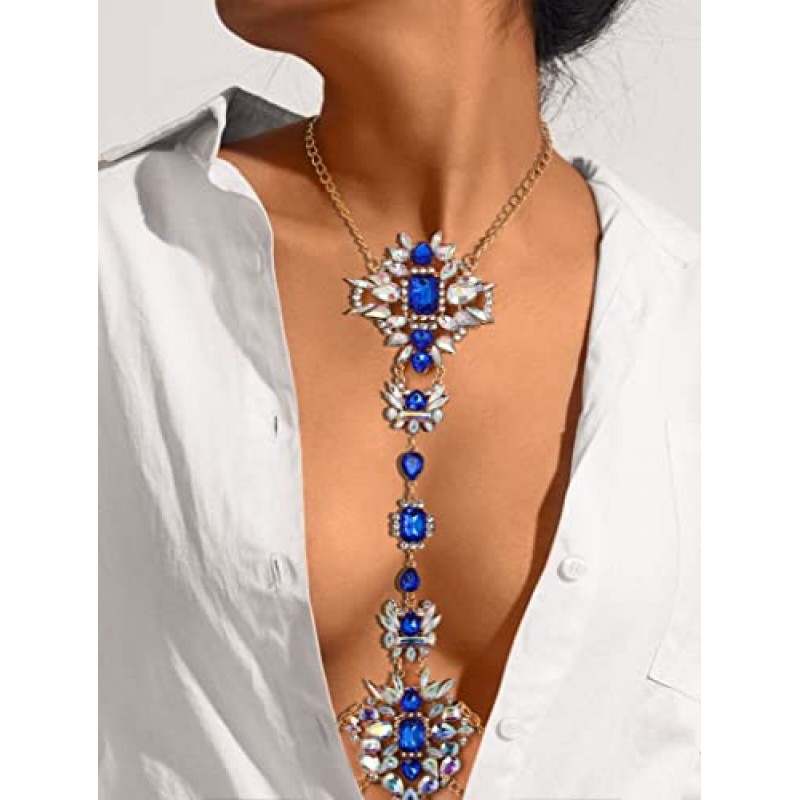 ELABEST Boho 라인 석 선언문 가슴 체인 크리스탈 목걸이 바디 체인 여름 해변 바디 쥬얼리 액세서리 여성과 소녀를위한