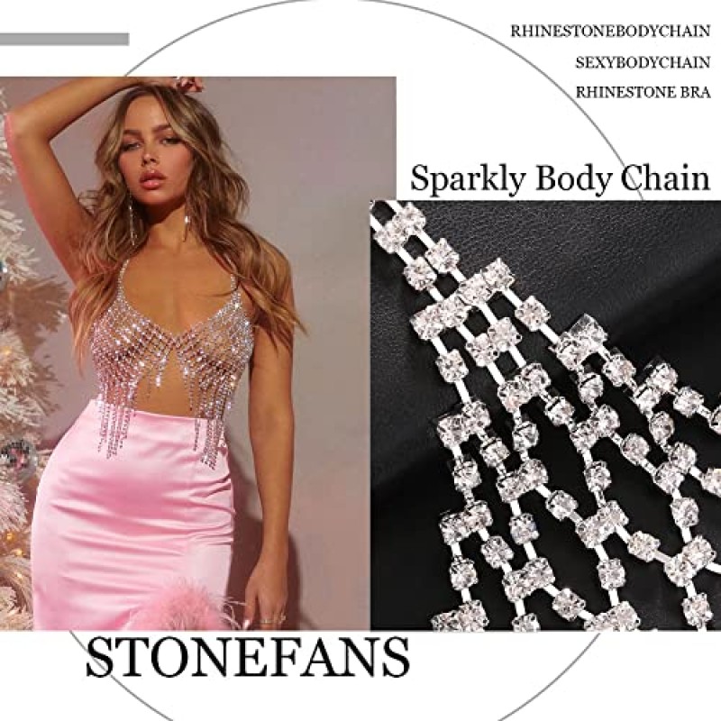 StoneFans 술 라인 석 가슴 체인 브래지어 바디 쥬얼리 여성용 섹시한 실버 비키니 브래지어 바디 체인 속옷 파티
