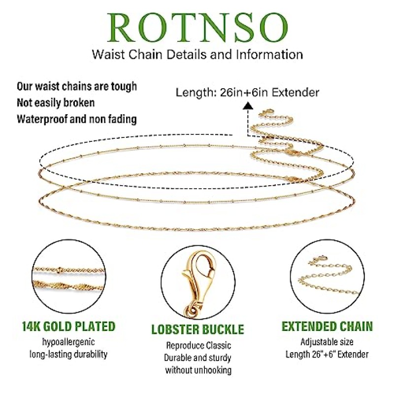 Rotnso 14K 금도금 바디 체인 | Dainty Boho 레이어드 비치 웨이스트 체인 | 조절 가능한 비키니 벨리 체인 | 섹시한 여성을 위한 주얼리 액세서리