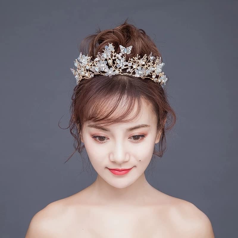 럭셔리 크리스탈 비즈 진주 나비 의상 쥬얼리 세트 꽃 라인 석 초커 목걸이 귀걸이 티아라 웨딩 쥬얼리 세트 (1Pcs 크라운)