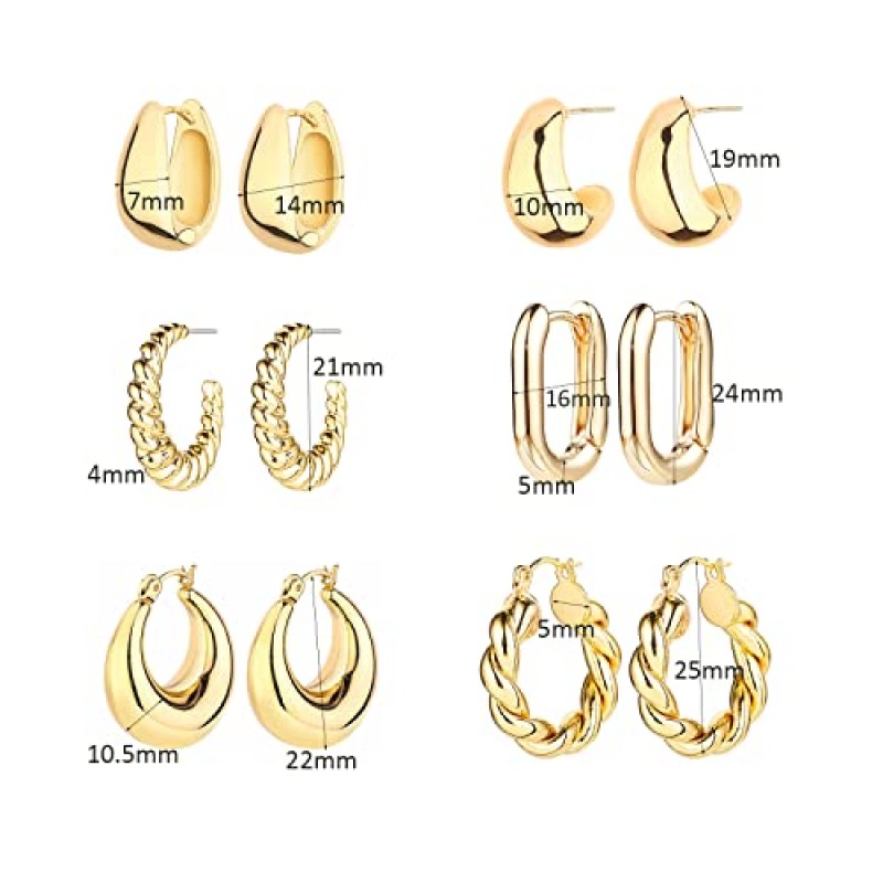 6 쌍 여성을위한 14K 골드 후프 귀걸이 경량 Chunky 후프 귀걸이 멀티 팩 저자 극성, 두꺼운 오픈 트위스트 Huggie Hoops 귀걸이 세트 선물용 보석.