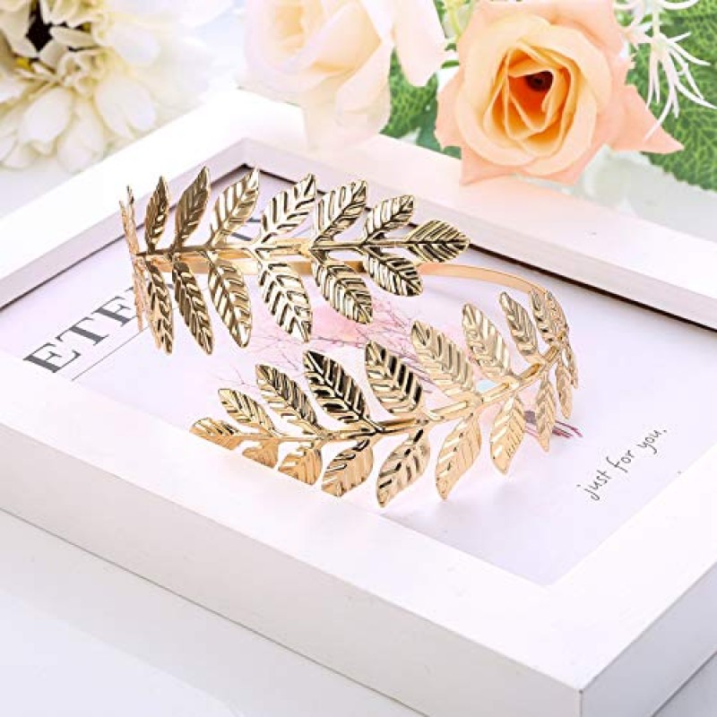 FINREZIO 그리스 여신 머리띠 팔 커프 신부 보석 세트 로마 로렐 잎 지점 크라운 Armlet 상완 밴드 팔찌 조절 가능