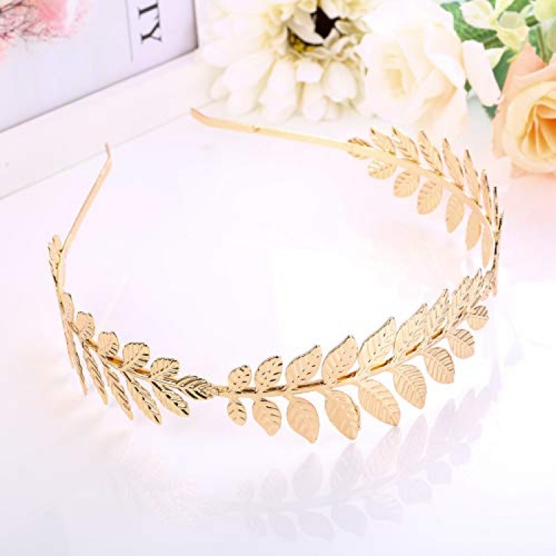 FINREZIO 그리스 여신 머리띠 팔 커프 신부 보석 세트 로마 로렐 잎 지점 크라운 Armlet 상완 밴드 팔찌 조절 가능