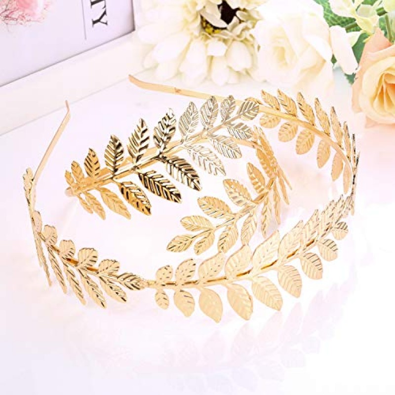 FINREZIO 그리스 여신 머리띠 팔 커프 신부 보석 세트 로마 로렐 잎 지점 크라운 Armlet 상완 밴드 팔찌 조절 가능