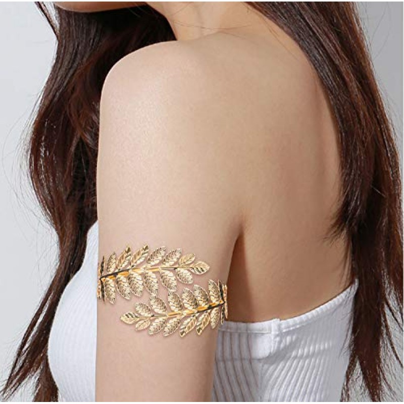 FINREZIO 그리스 여신 머리띠 팔 커프 신부 보석 세트 로마 로렐 잎 지점 크라운 Armlet 상완 밴드 팔찌 조절 가능