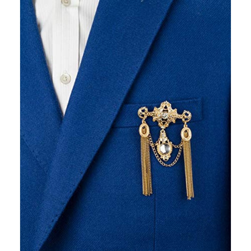 Knighthood Royal Gold 새겨진 Shimmery Stone 및 체인 자세히 브로치 옷깃 핀, 여성용 정장 코트 남성용 액세서리