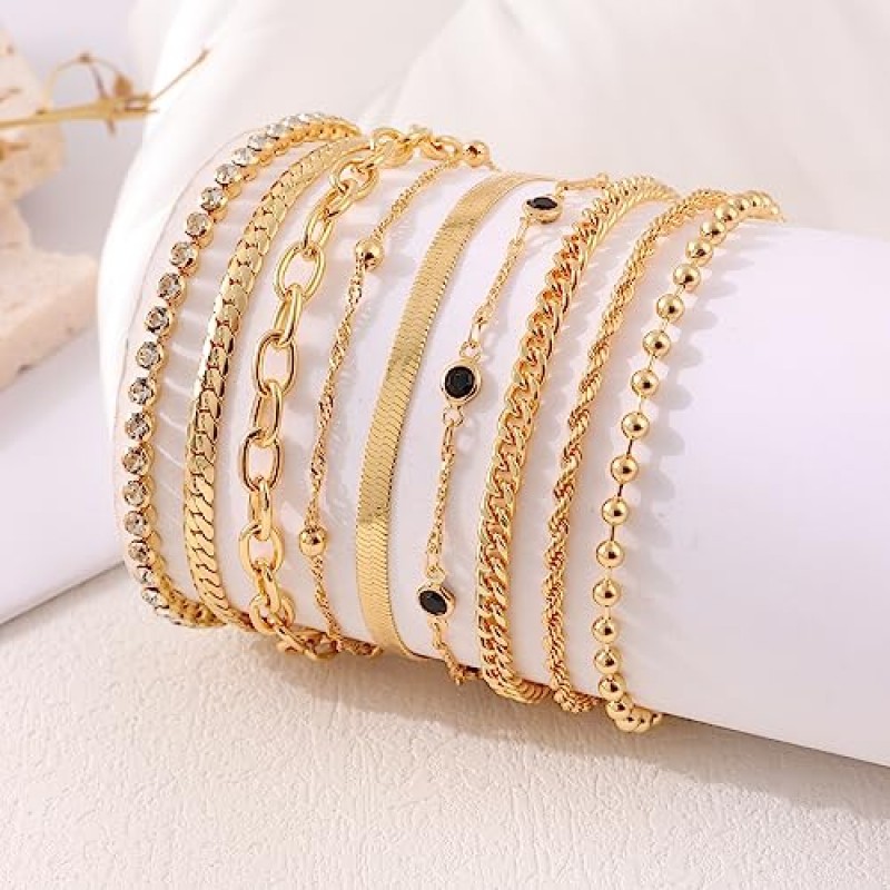 CASDAN 16Pcs 골드 팔찌 여성을위한 세트 14K 골드 도금 조절 가능 쌓을 수있는 쿠바 링크 클립 체인 팔찌 우아한 골드 레이어드 팔찌 패션 쥬얼리