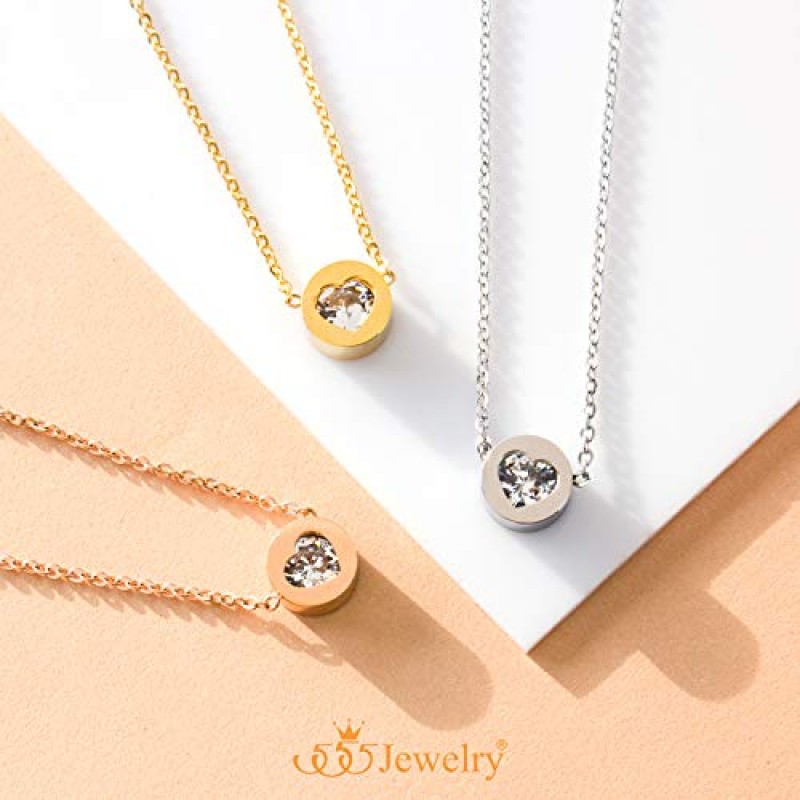 555Jewelry 여성용 스테인레스 스틸 하트 CZ 새겨진 라운드 디스크 펜던트 목걸이