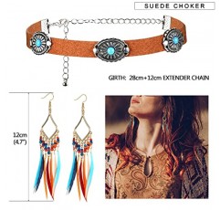 DOLOTTA 아메리카 원주민 쥬얼리 여성용 스웨이드 초커 목걸이 팔찌 인디언 깃털 머리 장식 매달려 귀걸이 가죽 히피 보헤미안 레트로 웨스턴 드림 캐처 쥬얼리 세트