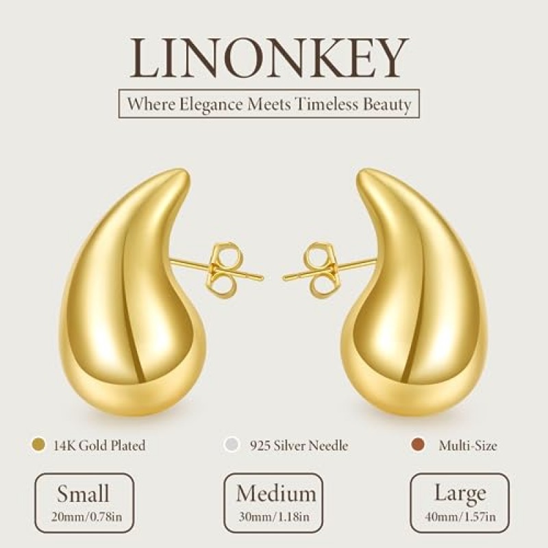 LINONKEY 여성용 골드 눈물 귀걸이 세트 3 쌍 대형 중형 청키 골드 후프 귀걸이 여성용 저자 극성 14K 도금 골드 후프 귀걸이 여성용 경량 물방울 드롭 귀걸이