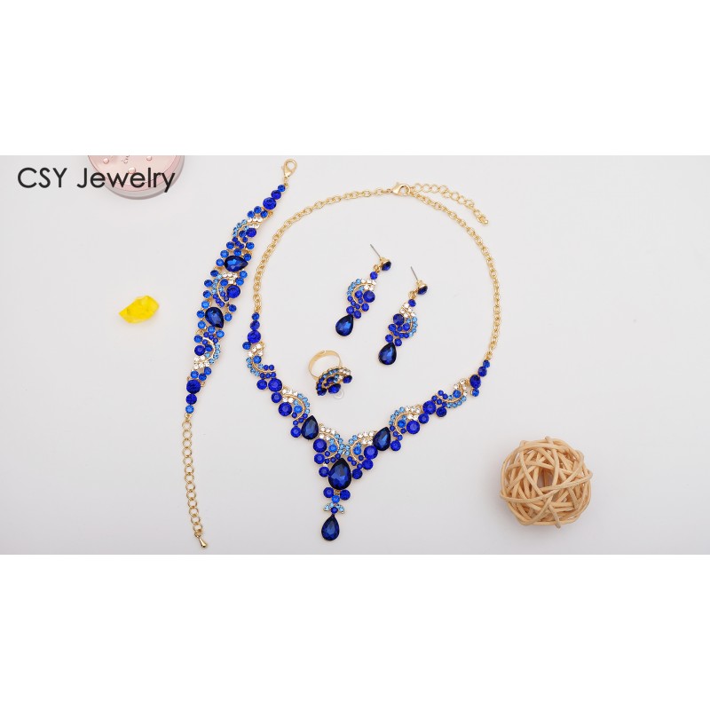 CSY 신부 여성을위한 우아한 크리스탈 목걸이 귀걸이 팔찌 반지 신부 웨딩 파티 의상 쥬얼리 세트