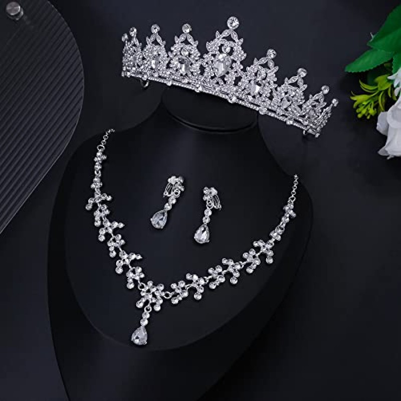 GEURLEV 웨딩 크리스탈 티아라 및 크라운 여성용, 신부 로얄 퀸 헤드 밴드 공주 Quinceanera 헤드 피스 생일 파티 미인 대회 파티 (실버 세트)