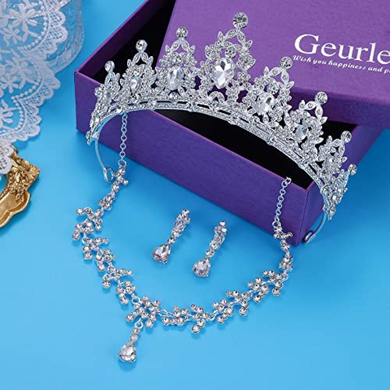 GEURLEV 웨딩 크리스탈 티아라 및 크라운 여성용, 신부 로얄 퀸 헤드 밴드 공주 Quinceanera 헤드 피스 생일 파티 미인 대회 파티 (실버 세트)