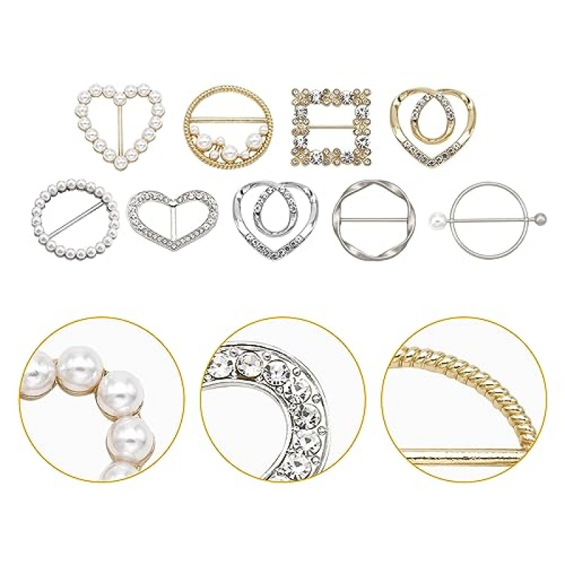 36 Pcs 스카프 반지 클립, 합금 진주 모조 다이아몬드 티셔츠 타이 클립 패션 스카프 허리 버클 의류 반지 랩 홀더 금속 반지 옷 코너 여성용 매듭 단추 소녀 장식 액세서리