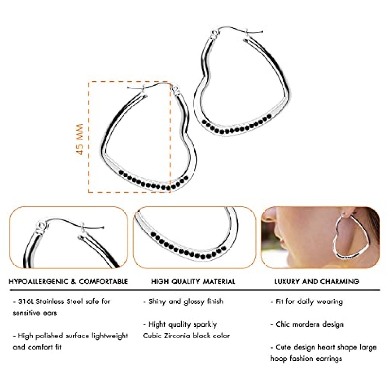 555Jewelry 여성용 하트 모양 사랑 스테인레스 스틸 대형 진술 후프 귀걸이