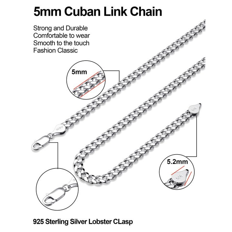 ASDULL 925 스털링 실버 쿠바 체인 남성용 3.5/4/5mm 목걸이 여성용 골드 쿠바 링크 커브 체인 16-30 인치