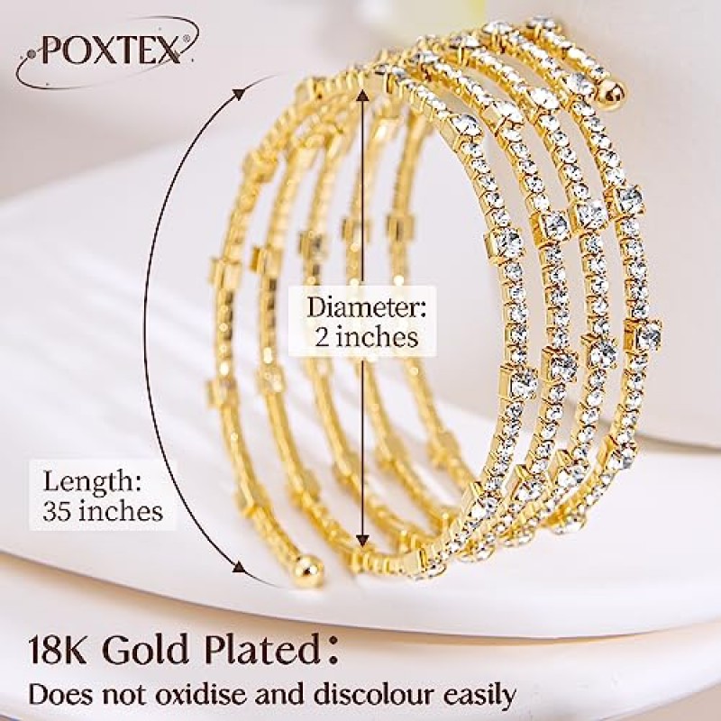 여성을 위한 Poxtex 골드 라인스톤 커프 팔찌, 18K 리얼 골드 도금 큐빅 지르코니아 클래식 다층 나선형 팔 커프 팔찌, 파티 파티 웨딩 데이트를 위한 가닥 레이어드 신부 팔찌 쥬얼리