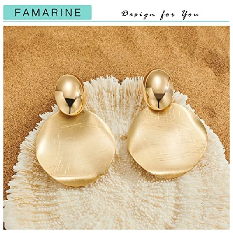 FAMARINE 빅 디스크 드롭 귀걸이 골드 댕글 귀걸이 라운드 해머 귀걸이 여성