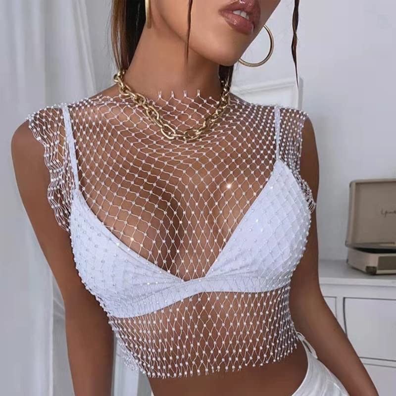Fstrend 메쉬 크리스탈 바디 체인 반짝 이는 라인 석 fishnet 자르기 탑 탱크 탑을 통해 볼 비키니 나이트 클럽 레이브 페스티벌 액세서리 여성과 소녀를위한 보석