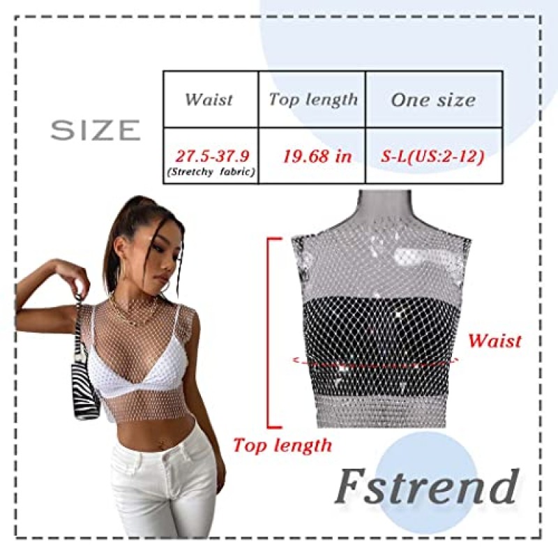 Fstrend 메쉬 크리스탈 바디 체인 반짝 이는 라인 석 fishnet 자르기 탑 탱크 탑을 통해 볼 비키니 나이트 클럽 레이브 페스티벌 액세서리 여성과 소녀를위한 보석