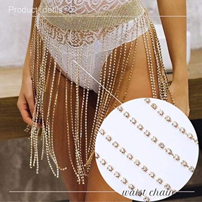 Reetan Boho 크리스탈 밸리 바디 체인 술 허리 체인 스파클링 바디 체인 스커트 여성과 소녀를위한 레이브 바디 쥬얼리 액세서리 (골드)
