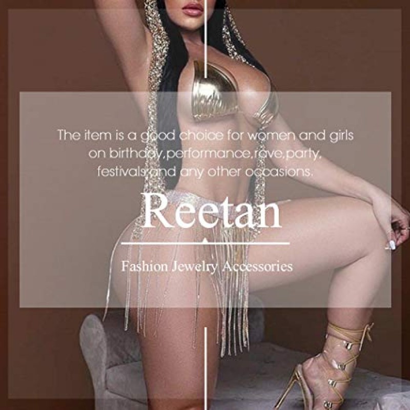Reetan Boho 크리스탈 밸리 바디 체인 술 허리 체인 스파클링 바디 체인 스커트 여성과 소녀를위한 레이브 바디 쥬얼리 액세서리 (골드)
