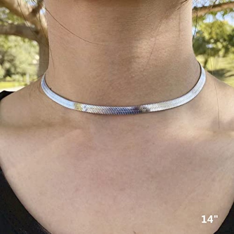 DOORATLL 18K 도금 골드 플랫 스네이크 체인 목걸이 여성용 골드 헤링본 초커 목걸이 (5MM,14
