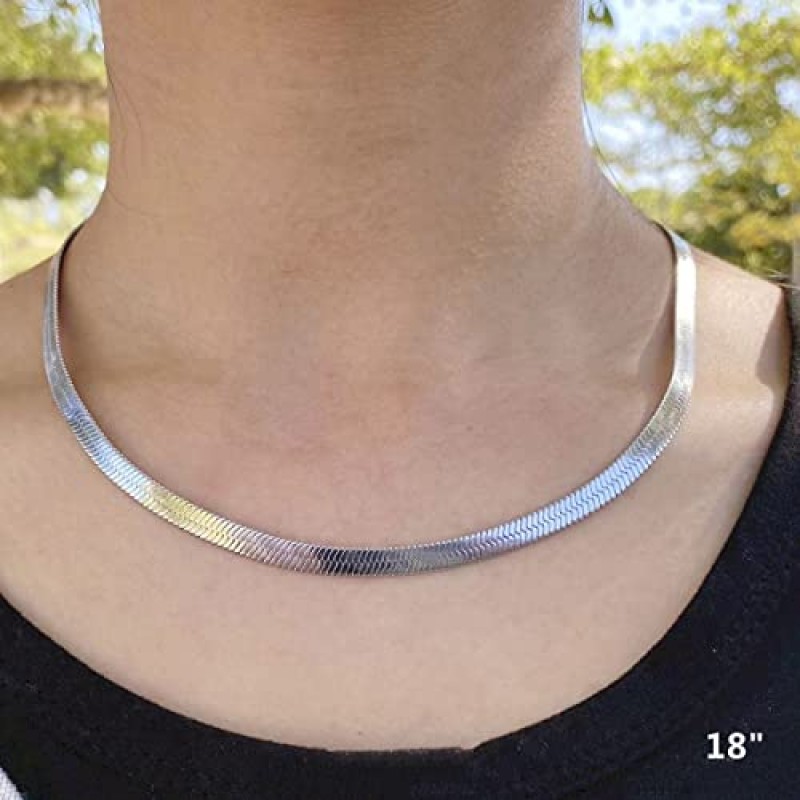 DOORATLL 18K 도금 골드 플랫 스네이크 체인 목걸이 여성용 골드 헤링본 초커 목걸이 (5MM,14