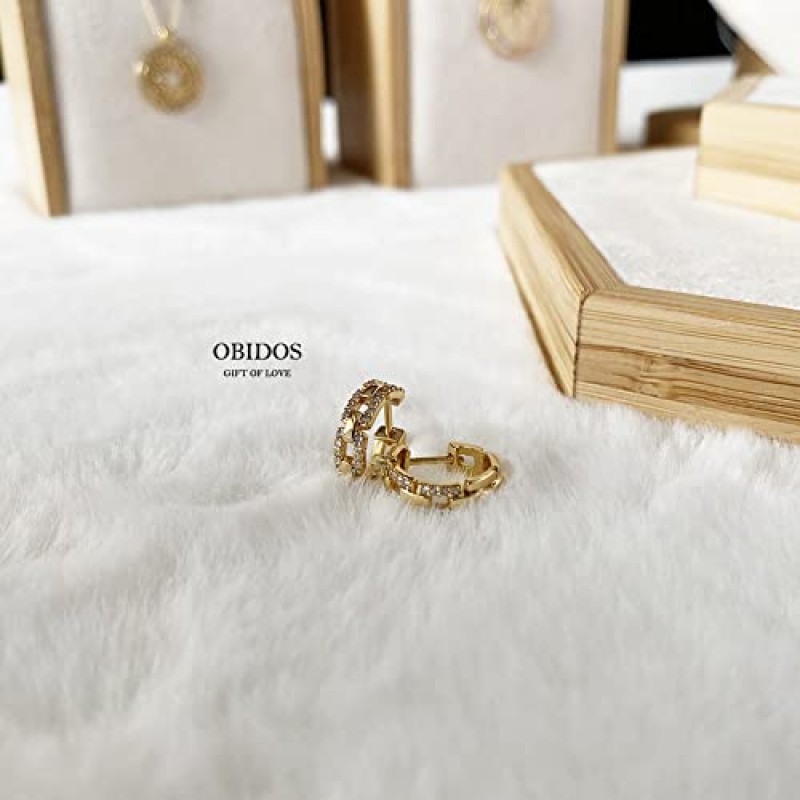 Obidos 14K 골드 도금 트리플 허기 일루젼 스터드 귀걸이 | 한 구멍용 더블 허기 후프 귀걸이 | 여성용 골드 후프 귀걸이