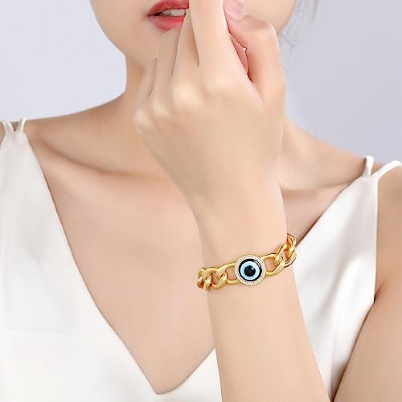 LOVE BEAR 쿠바 링크 체인 팔찌, 이블 아이 참, 5A 큐빅 지르코니아, 18k 리얼 골드 충전, 남성과 여성을 위한 절묘한 보석
