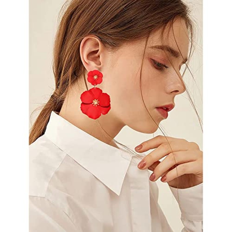 CEALXHENY 꽃 매달려 귀걸이 Boho 계층화 된 꽃 꽃잎 드롭 귀걸이 성명 여자를위한 스터드 귀걸이 여자
