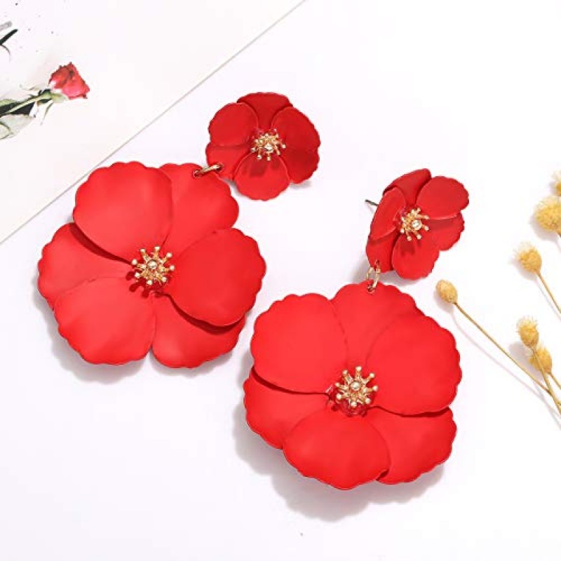 CEALXHENY 꽃 매달려 귀걸이 Boho 계층화 된 꽃 꽃잎 드롭 귀걸이 성명 여자를위한 스터드 귀걸이 여자