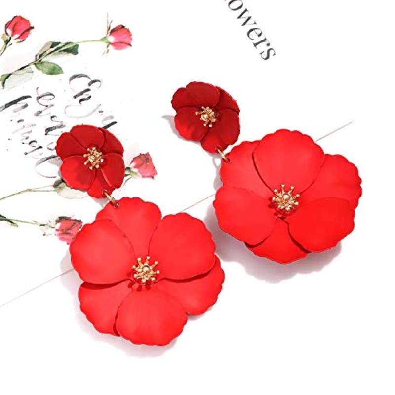 CEALXHENY 꽃 매달려 귀걸이 Boho 계층화 된 꽃 꽃잎 드롭 귀걸이 성명 여자를위한 스터드 귀걸이 여자