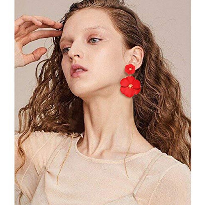 CEALXHENY 꽃 매달려 귀걸이 Boho 계층화 된 꽃 꽃잎 드롭 귀걸이 성명 여자를위한 스터드 귀걸이 여자