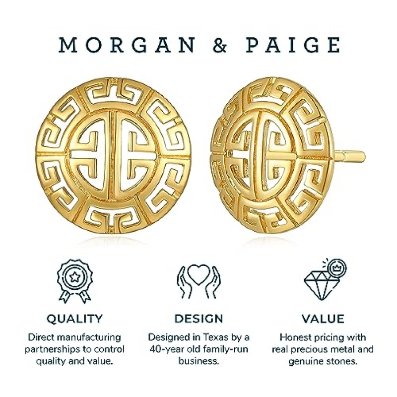 Morgan & Paige 그리스 귀걸이 스터드 - 수제 라운드 그레코 귀걸이 - 18k 옐로우 골드 도금 스털링 실버 스터드, 1.2