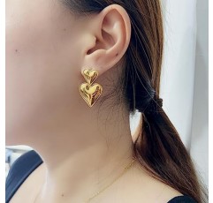 여성용 골드 하트 청키 귀걸이 더블 하트 스테이트먼트 드롭 귀걸이 여성용