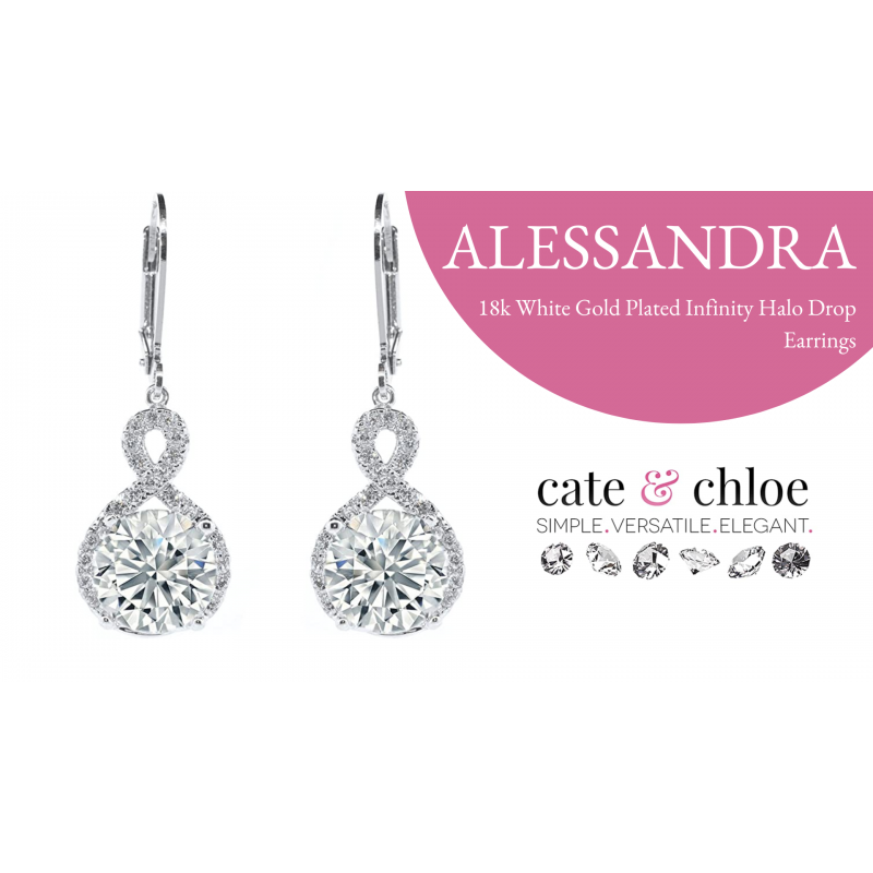 Cate & Chloe Alessandra 18k 화이트 골드 댕글 귀걸이 | 라운드 컷 큐빅 지르코니아 귀걸이, 여성용 드롭 & 댕글 귀걸이, 인피니티 헤일로 실버 귀걸이 세트, 저자극성 귀걸이 패션 주얼리