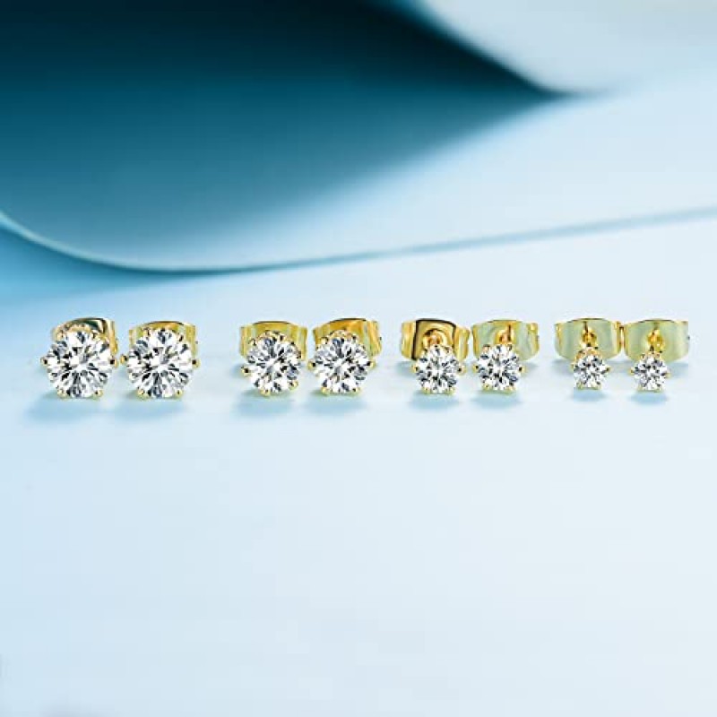 MDFUN Moissanite 귀걸이 세트 14K 화이트 골드/옐로우 골드 6프롱 라운드 다이아몬드 스터드 귀걸이 세트 3/4쌍 팩