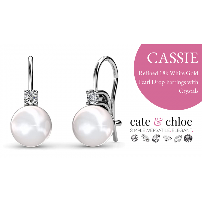Cate & Chloe Cassie 18k 화이트 골드 진주 드롭 귀걸이 여성용 | 여성용 크리스탈 드롭 & 댕글 귀걸이, 클래식 진주 귀걸이 세트, 여성용 패션 귀걸이, 저자극성 귀걸이