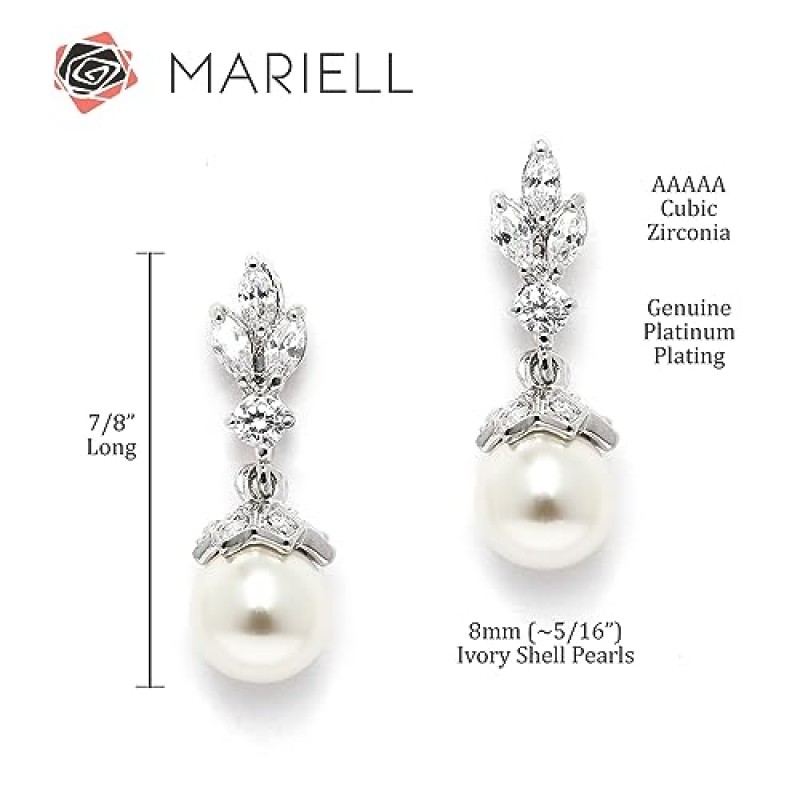 Mariell 진주 드롭 웨딩 귀걸이, 8MM 아이보리 쉘 진주, 신부, 신부 들러리, 댄스 파티 및 신부 어머니를 위한 큐빅 지르코니아 크리스탈 및 진주 귀걸이