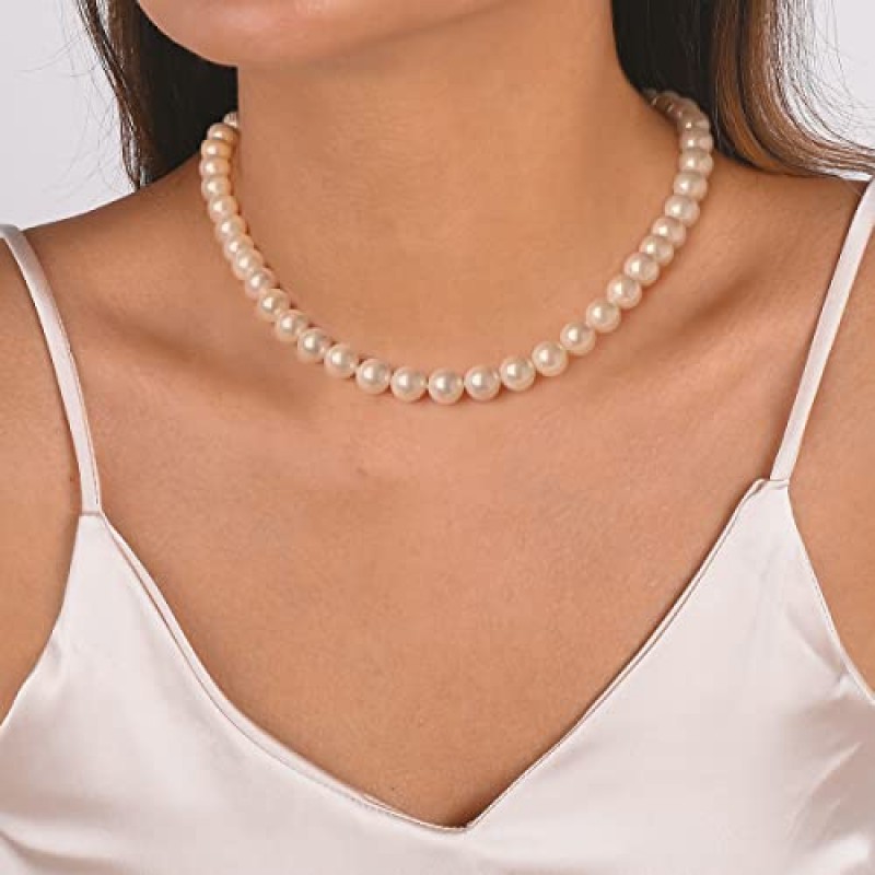 여성을위한 진주 목걸이, 4-8MM 우아한 라운드 모조 진주 초커 목걸이 웨딩 진주 목걸이 여성을위한 섬세한 보석 간단한 신부 들러리 보석 선물