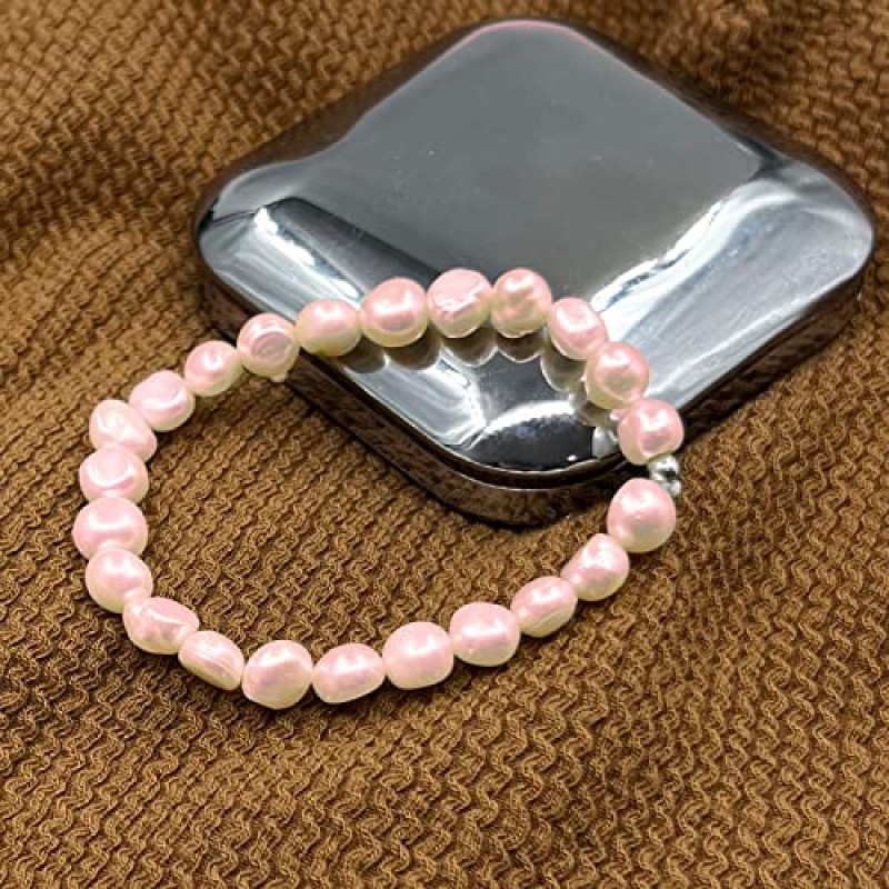 여성을 위한 Luckyvestir 진주 팔찌, 아내를 위한 8mm 유행 담수 진주 팔찌 소녀 어머니, 교양 바로크 진주 구슬 팔찌, 캐주얼 결혼식을 위한 조절 가능한 스트레치 수제 팔찌