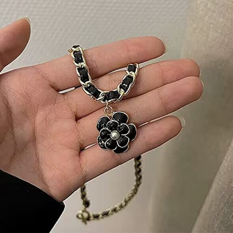 편지 5 블랙 로즈 펜던트 긴 목걸이 동백 펜던트 목걸이 가죽 목걸이 여성 쥬얼리 체인 우아한 라인 석 액세서리 휴일 파티 결혼식에 적합