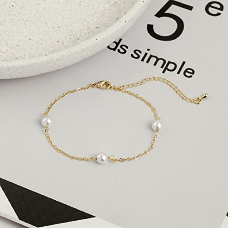 Sewyer Dainty 여성용 팔찌 14K 골드 도금 크로스 진주 CZ 리프 팔찌 세트 골드 레이어링 팔찌 매일 쥬얼리